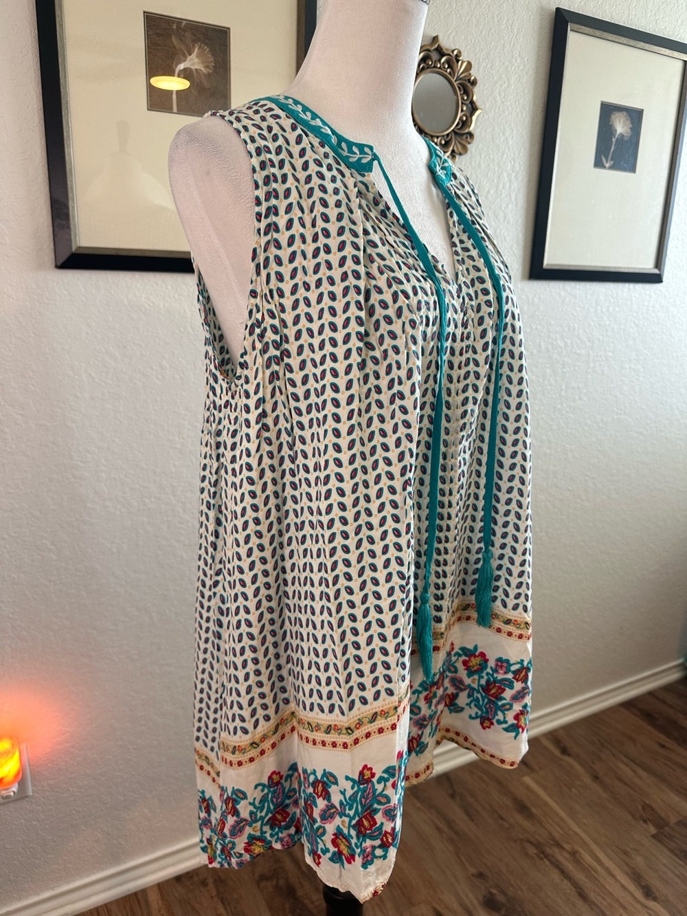 Umgee Sleeveless Bohemian Turquoise & Pink Floral Tunic 🌺✨🦋